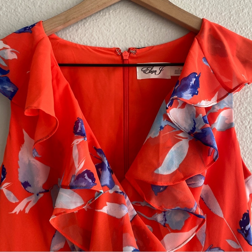 Eliza J floral Ruffle Midi Dress v neck Orange Red - Picture 5 of 8